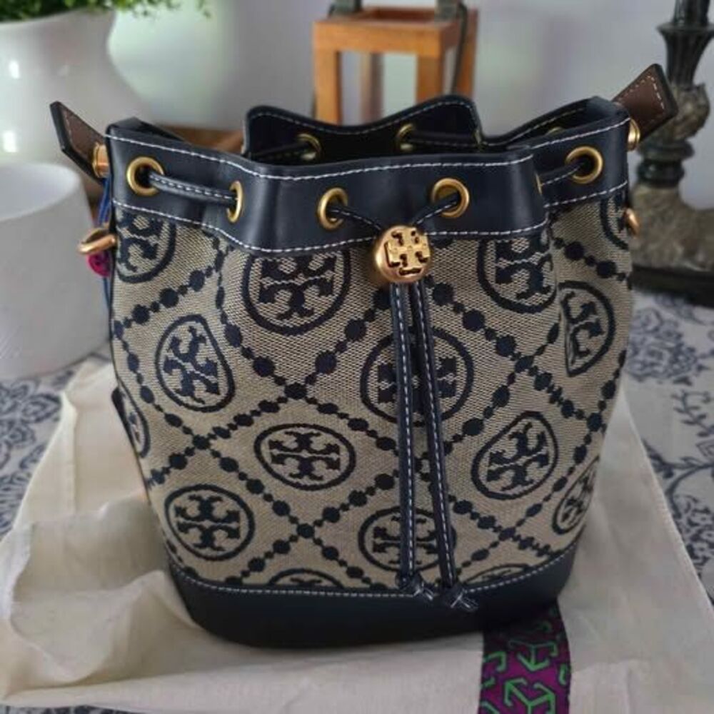 T Monogram Navy Bucket Bag New